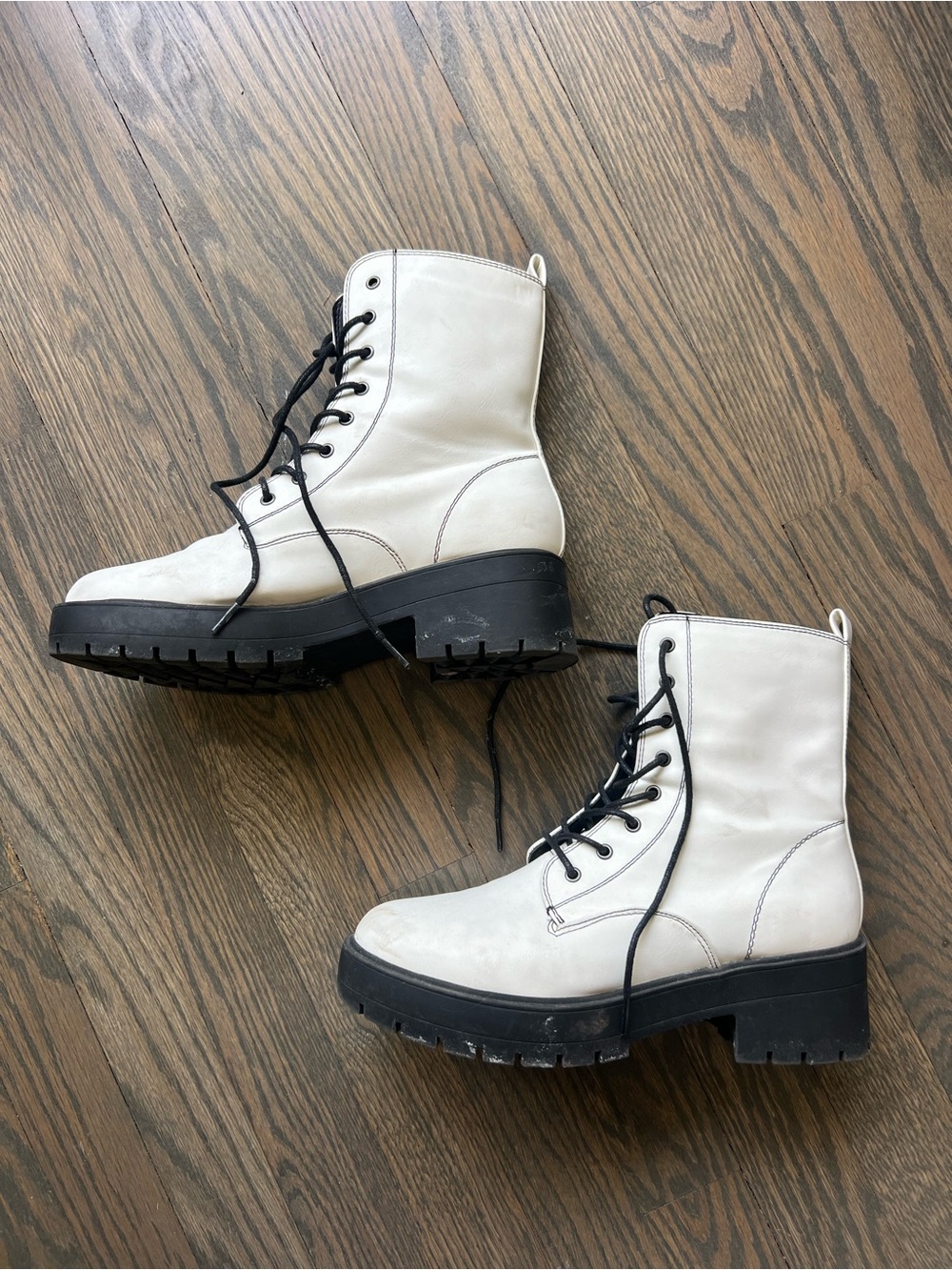 Forever 21 White Lace-Up Platform Combat Boots with Black Sole